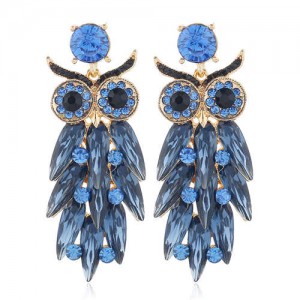 Shining Rhinestone Ink Blue Night Owl Design High Fashion Women Alloy Statement Earrings