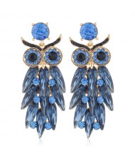 Shining Rhinestone Ink Blue Night Owl Design High Fashion Women Alloy Statement Earrings