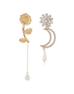 Rhinestone Decorated Flower and Moon Asymmetric Style with Tassel Design Women Alloy Fashion Earrings