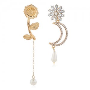 Rhinestone Decorated Flower and Moon Asymmetric Style with Tassel Design Women Alloy Fashion Earrings
