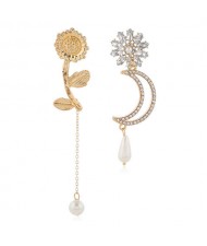 Rhinestone Decorated Flower and Moon Asymmetric Style with Tassel Design Women Alloy Fashion Earrings