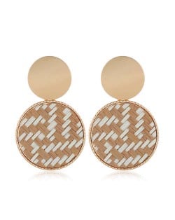 Weaving Pattern Dangling Round Design Unique High Fashion Women Alloy Costume Earrings - Brown