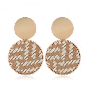 Weaving Pattern Dangling Round Design Unique High Fashion Women Alloy Costume Earrings - Brown