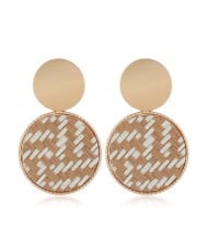 Weaving Pattern Dangling Round Design Unique High Fashion Women Alloy Costume Earrings - Brown