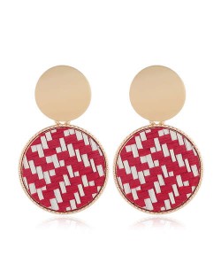 Weaving Pattern Dangling Round Design Unique High Fashion Women Alloy Costume Earrings - Red