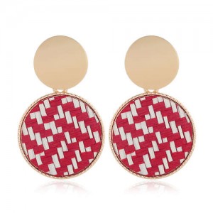 Weaving Pattern Dangling Round Design Unique High Fashion Women Alloy Costume Earrings - Red