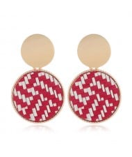 Weaving Pattern Dangling Round Design Unique High Fashion Women Alloy Costume Earrings - Red