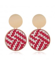 Weaving Pattern Dangling Round Design Unique High Fashion Women Alloy Costume Earrings - Red