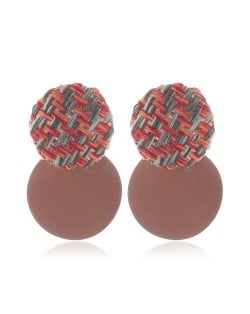 Weaving Round and Round Plate Combo Design High Fashion Women Alloy Earrings - Brown