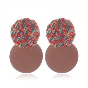 Weaving Round and Round Plate Combo Design High Fashion Women Alloy Earrings - Brown