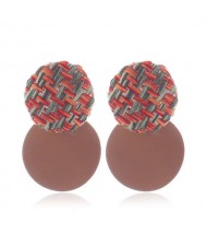Weaving Round and Round Plate Combo Design High Fashion Women Alloy Earrings - Brown