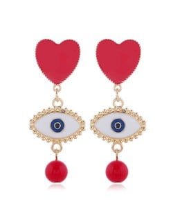 Heart and Eye Combo with Dangling Pearl Design High Fashion Women Statement Earrings - Red