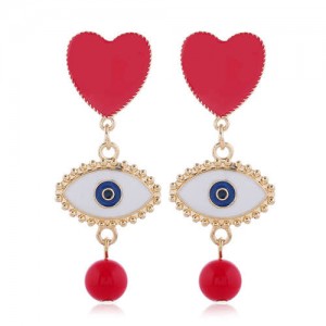 Heart and Eye Combo with Dangling Pearl Design High Fashion Women Statement Earrings - Red