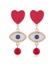 Heart and Eye Combo with Dangling Pearl Design High Fashion Women Statement Earrings - Red