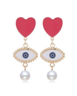 Heart and Eye Combo with Dangling Pearl Design High Fashion Women Statement Earrings - White