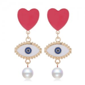 Heart and Eye Combo with Dangling Pearl Design High Fashion Women Statement Earrings - White