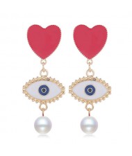Heart and Eye Combo with Dangling Pearl Design High Fashion Women Statement Earrings - White