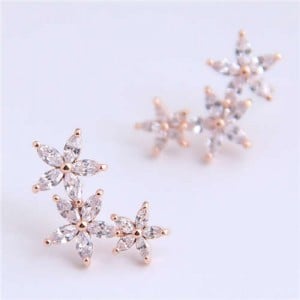 Cubic Zirconia Embellished Glistening Flowers Cluster Design Korean Fashion Copper Earrings - Golden