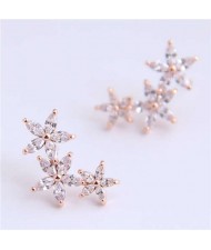 Cubic Zirconia Embellished Glistening Flowers Cluster Design Korean Fashion Copper Earrings - Golden