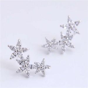 Cubic Zirconia Embellished Glistening Flowers Cluster Design Korean Fashion Copper Earrings - Silver