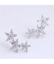 Cubic Zirconia Embellished Glistening Flowers Cluster Design Korean Fashion Copper Earrings - Silver