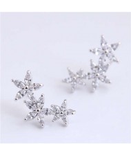 Cubic Zirconia Embellished Glistening Flowers Cluster Design Korean Fashion Copper Earrings - Silver