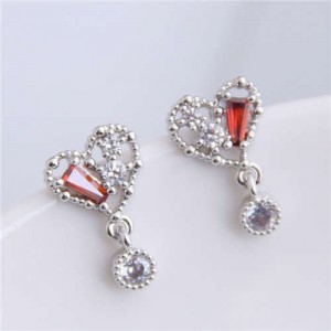 Cubic Zirconia Inlaid Cute Heart Design Sweet Fashion Women Copper Earrings - Silver