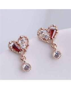 Cubic Zirconia Inlaid Cute Heart Design Sweet Fashion Women Copper Earrings - Golden