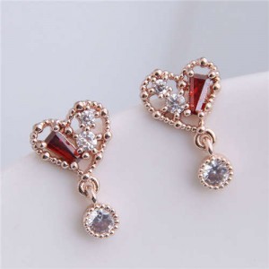 Cubic Zirconia Inlaid Cute Heart Design Sweet Fashion Women Copper Earrings - Golden
