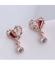 Cubic Zirconia Inlaid Cute Heart Design Sweet Fashion Women Copper Earrings - Golden