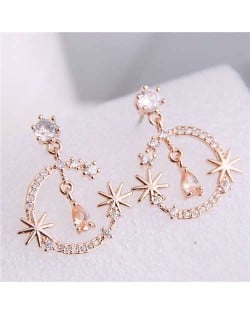 Cubic Zirconia Embellished Shining Floral Moon Dangling Fashion Women Earrings - Rose Gold