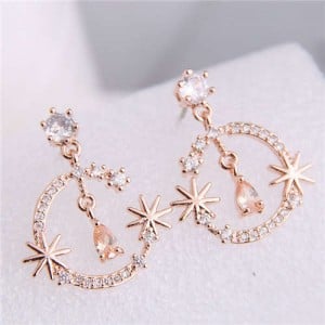 Cubic Zirconia Embellished Shining Floral Moon Dangling Fashion Women Earrings - Rose Gold