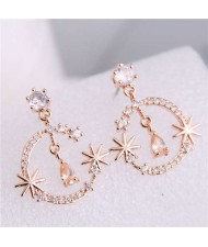 Cubic Zirconia Embellished Shining Floral Moon Dangling Fashion Women Earrings - Rose Gold