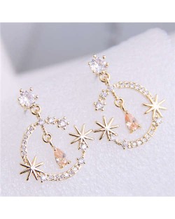 Cubic Zirconia Embellished Shining Floral Moon Dangling Fashion Women Earrings - Golden