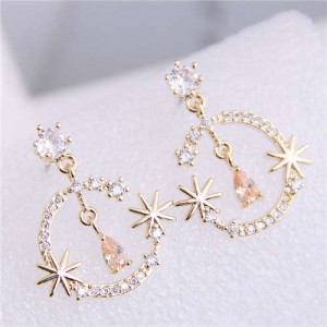 Cubic Zirconia Embellished Shining Floral Moon Dangling Fashion Women Earrings - Golden