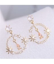 Cubic Zirconia Embellished Shining Floral Moon Dangling Fashion Women Earrings - Golden