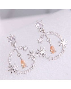 Cubic Zirconia Embellished Shining Floral Moon Dangling Fashion Women Earrings - Silver