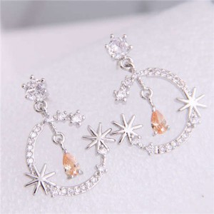 Cubic Zirconia Embellished Shining Floral Moon Dangling Fashion Women Earrings - Silver