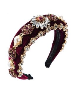 Baroque Fashion Rhinestone Flowers and Pearls Embelished Luxurious Design Velvet Women Hair Hoop