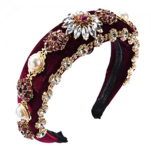 Baroque Fashion Rhinestone Flowers and Pearls Embelished Luxurious Design Velvet Women Hair Hoop