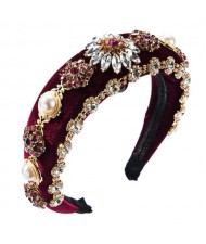 Baroque Fashion Rhinestone Flowers and Pearls Embelished Luxurious Design Velvet Women Hair Hoop