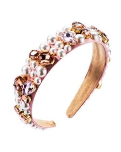 Imitation Pearl and Glass Drill Decorated Pink Cloth High Fashion Women Hair Hoop