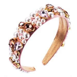 Imitation Pearl and Glass Drill Decorated Pink Cloth High Fashion Women Hair Hoop