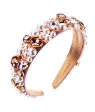Imitation Pearl and Glass Drill Decorated Pink Cloth High Fashion Women Hair Hoop
