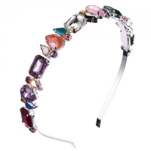 Mixed Colors Gems Embellished Shining High Fashion Women Hair Hoop - Silver