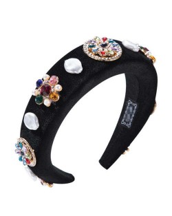 Rhinestone and Artificial Pearl Mix Flowers Embellished Black Velvet Women Hair Hoop
