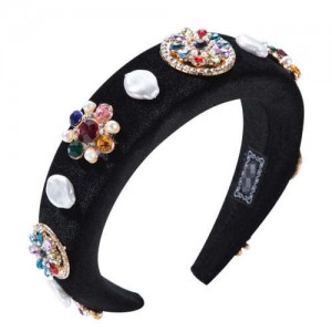 Rhinestone and Artificial Pearl Mix Flowers Embellished Black Velvet Women Hair Hoop