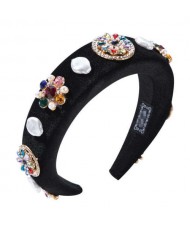 Rhinestone and Artificial Pearl Mix Flowers Embellished Black Velvet Women Hair Hoop