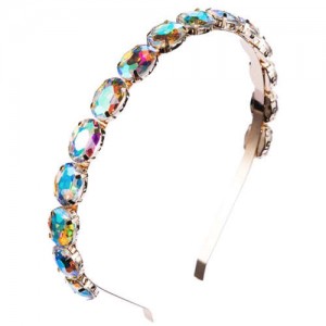 Oval Shape Glass Gem Embellished Glistening Fashion Alloy Women Hair Hoop - Multicolor