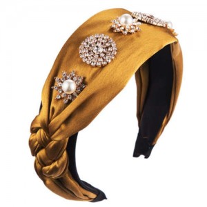 Luxurious Fashion Rhinestone and Pearl Embellished Cloth Women Hair Hoop - Yellow